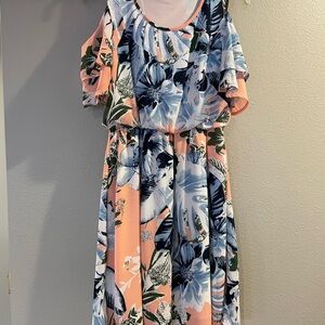 Floral Print Dress in Peach and Blue